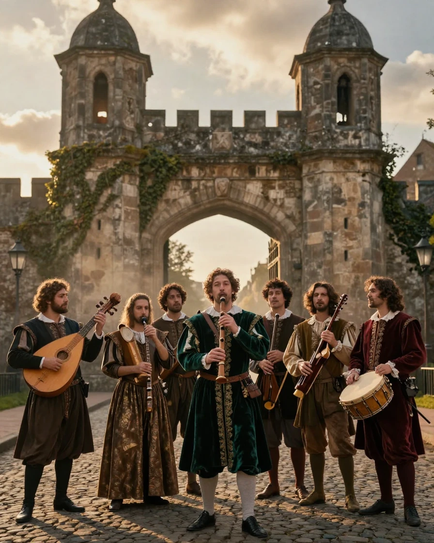 A troupe of Renaissance musicians standing before the gates of an old walled city