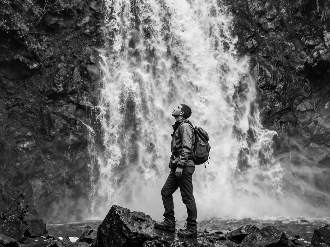 A hiker stands in awe before a roaring waterfall at the base of a thundering waterfall.