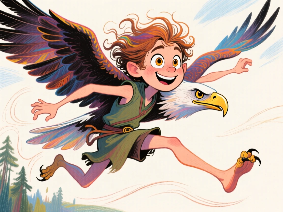 A young druid shapeshifting mid-leap from human form into a soaring eagle.