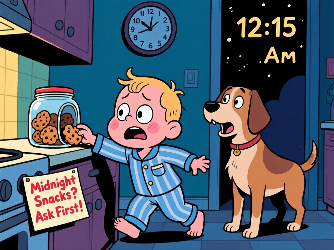 A funny expressive moment showing a toddler trying to sneak a midnight snack and getting caught, with a sheepish grin afterward.