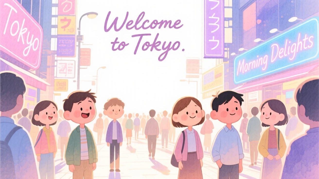 A dreamy travel postcard scene of a bustling Tokyo street glowing with neon signs bathed in warm morning light