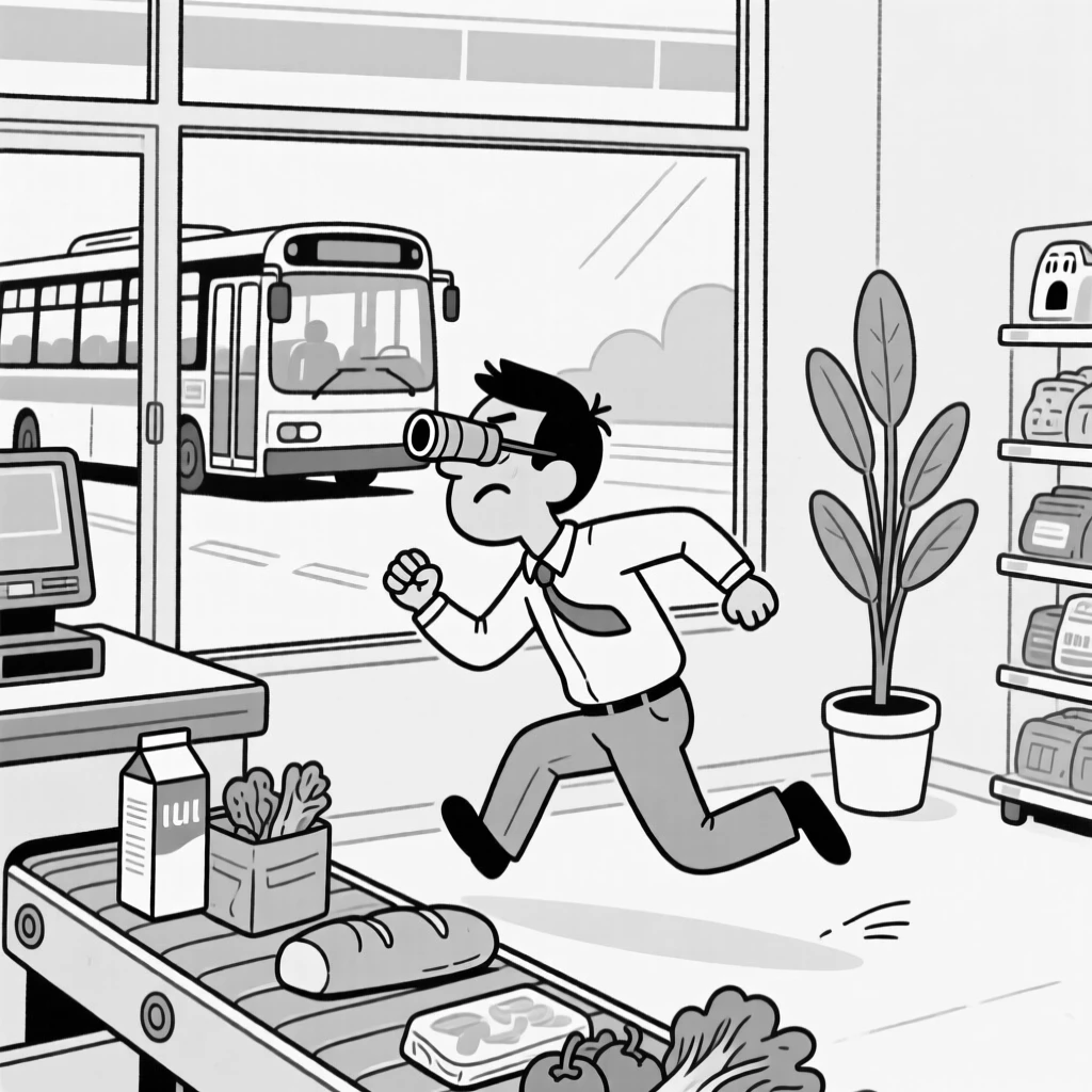 A commuter sprinting to catch a bus that's already pulling away, squinting hard as if x-ray vision might help, set in a checkout line at the grocery store. A houseplant leans, seemingly startled too. The scene captures the comedy hidden in ordinary days.