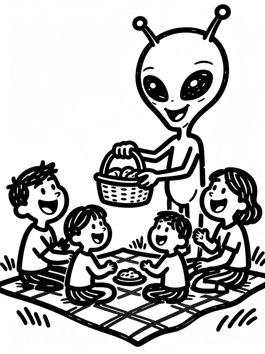 A cheerful alien visitor sharing a picnic with a curious human family.