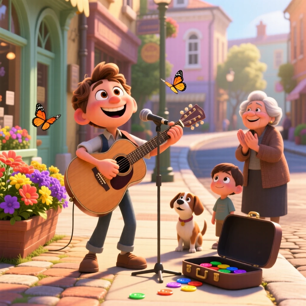 A musician playing joyfully on a street corner unfolds on a sunny sidewalk lined with flower boxes, with warm sunlight catching every smile. The mood is triumphant, warm, and full of love.