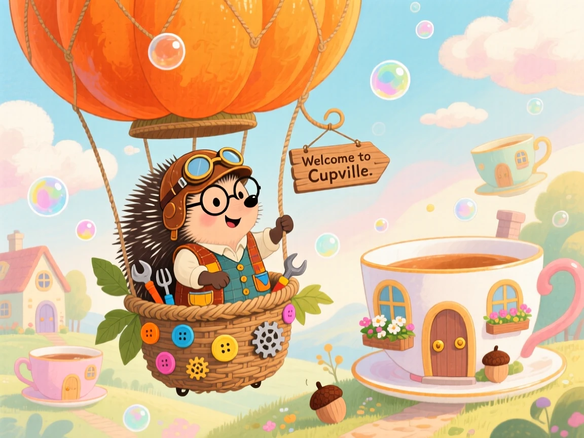 A hedgehog inventor is steering a hot air balloon shaped like a pumpkin in a world where teacups are houses, as tiny bubbles drift lazily by.