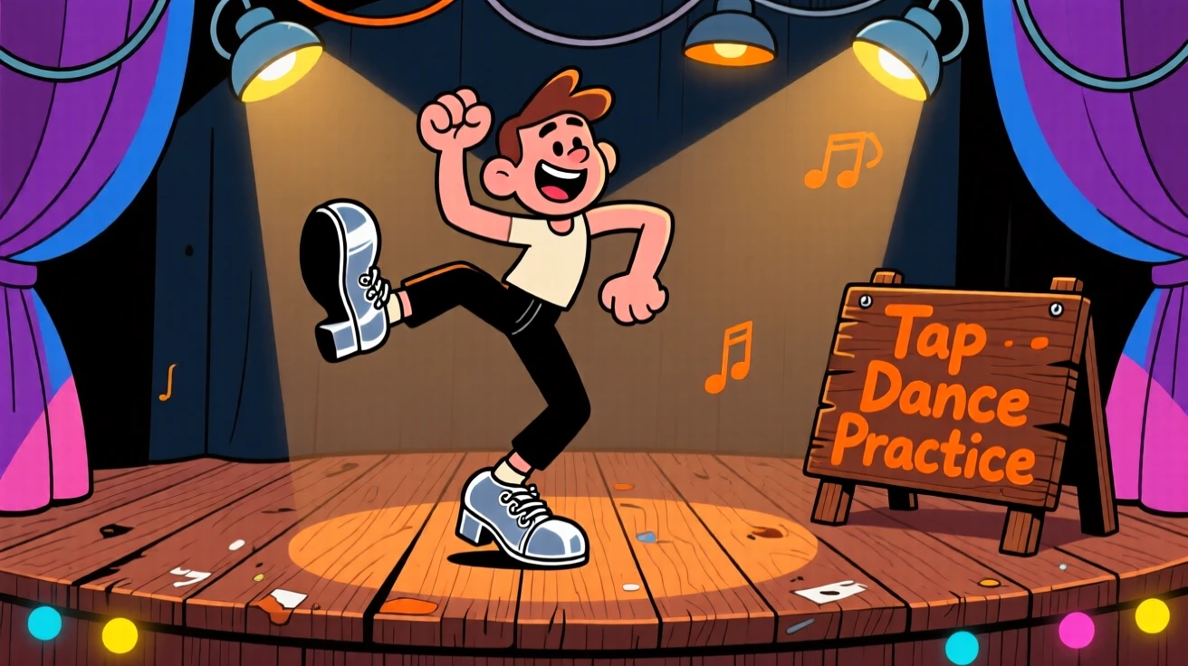 A tap dancer practicing rhythms on an old wooden stage.