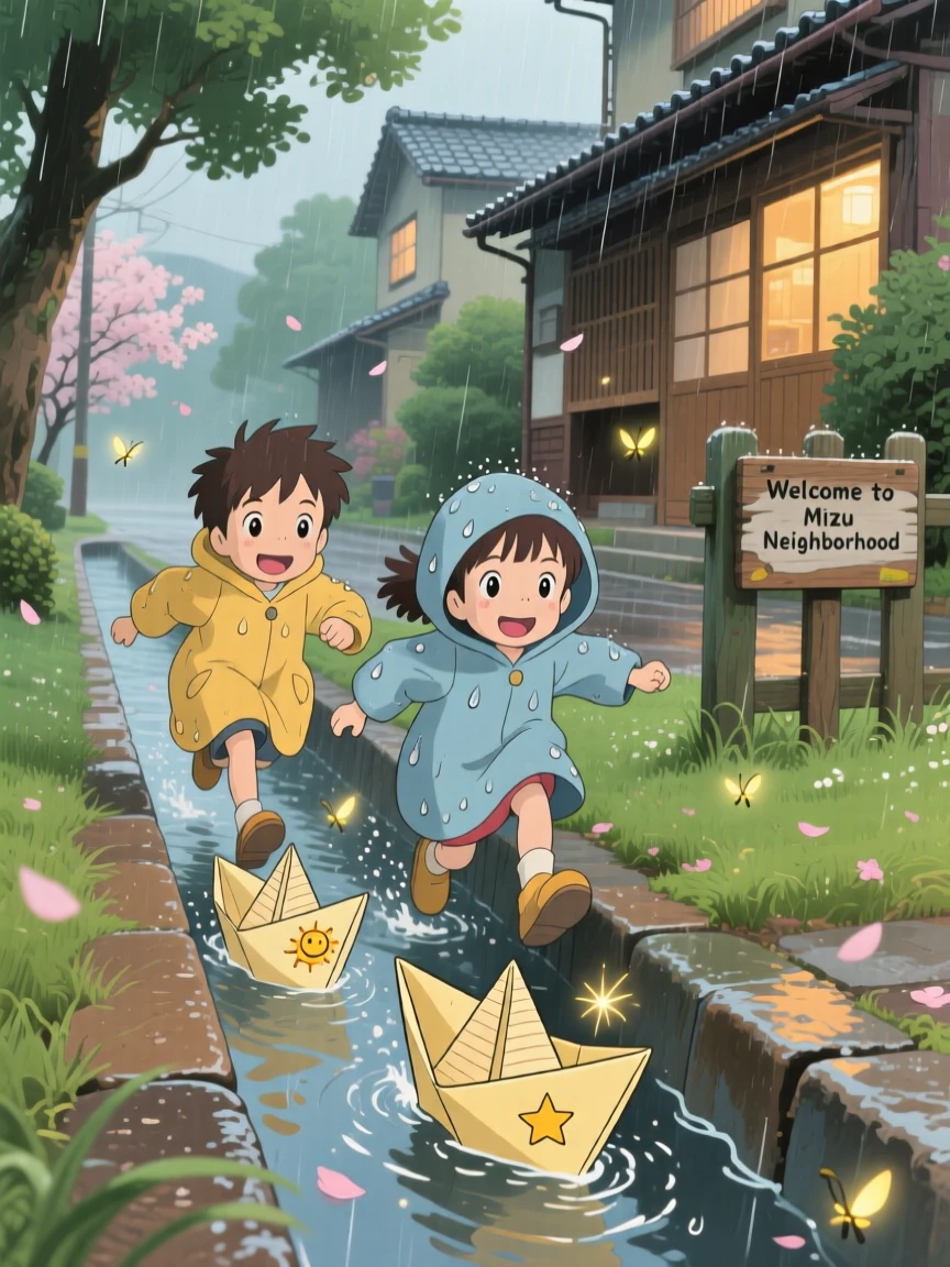 Children racing paper boats down a rain gutter, the moment warmly nostalgic.