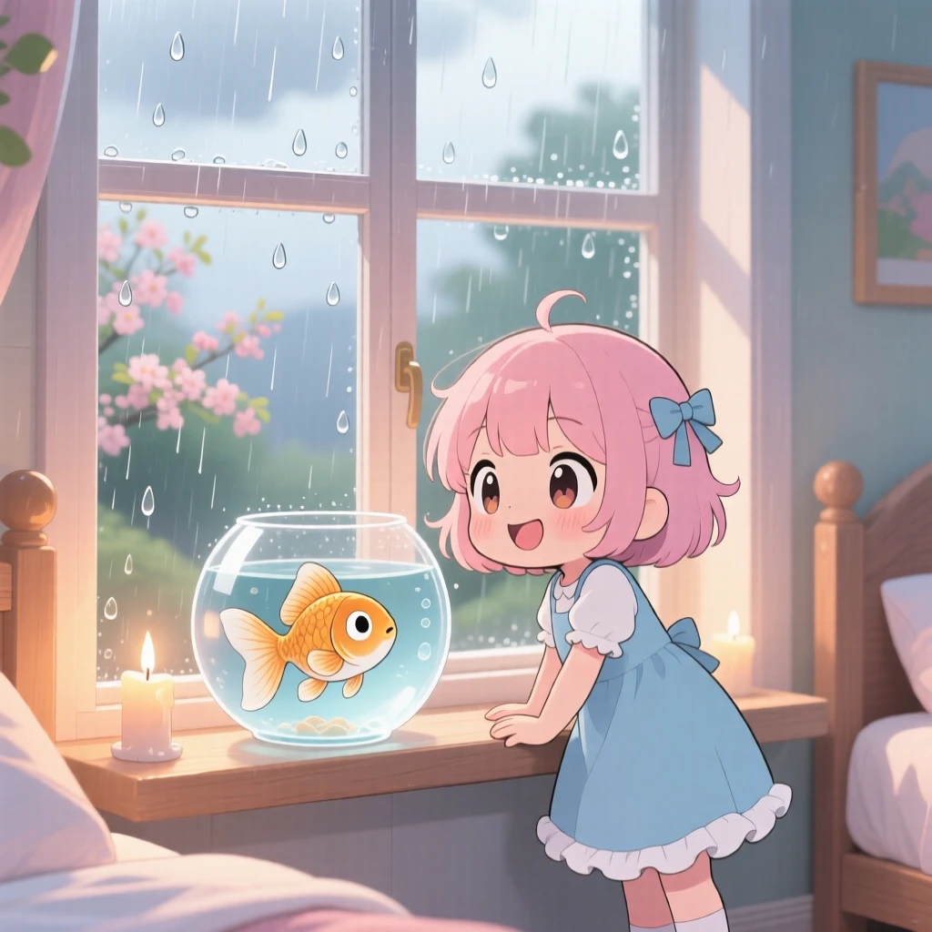 A girl and her goldfish greeting each other at the fishbowl in a sunny bedroom windowsill during a gentle spring rain shower; gentle candlelight washes over the scene as delighted joy fills the moment. Framed through a window.