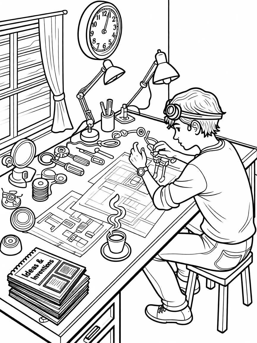 An inventor's workbench cluttered with gadgets and blueprints, with a cup of coffee steaming nearby.