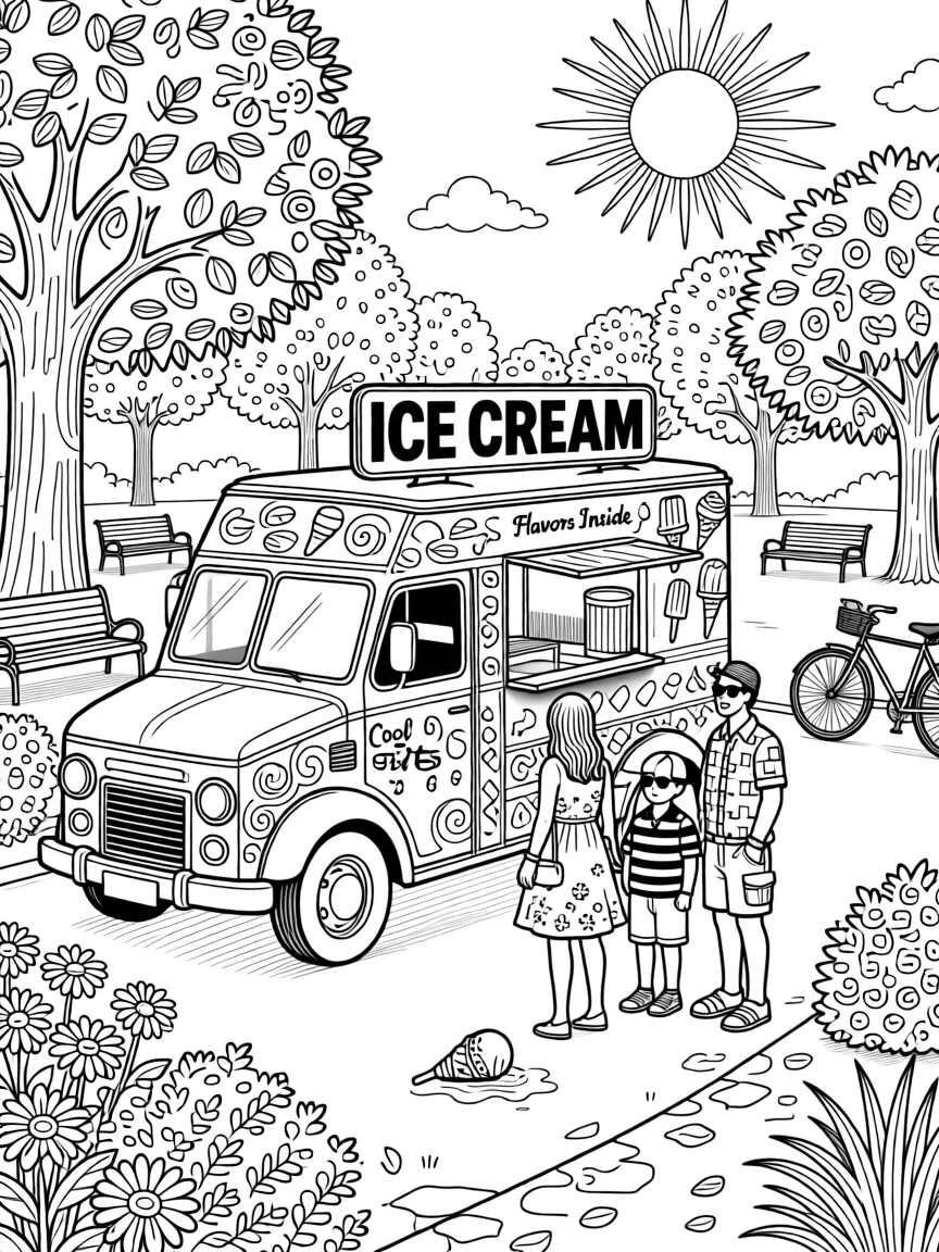 A summer ice cream truck scene parked beside a sunny park.