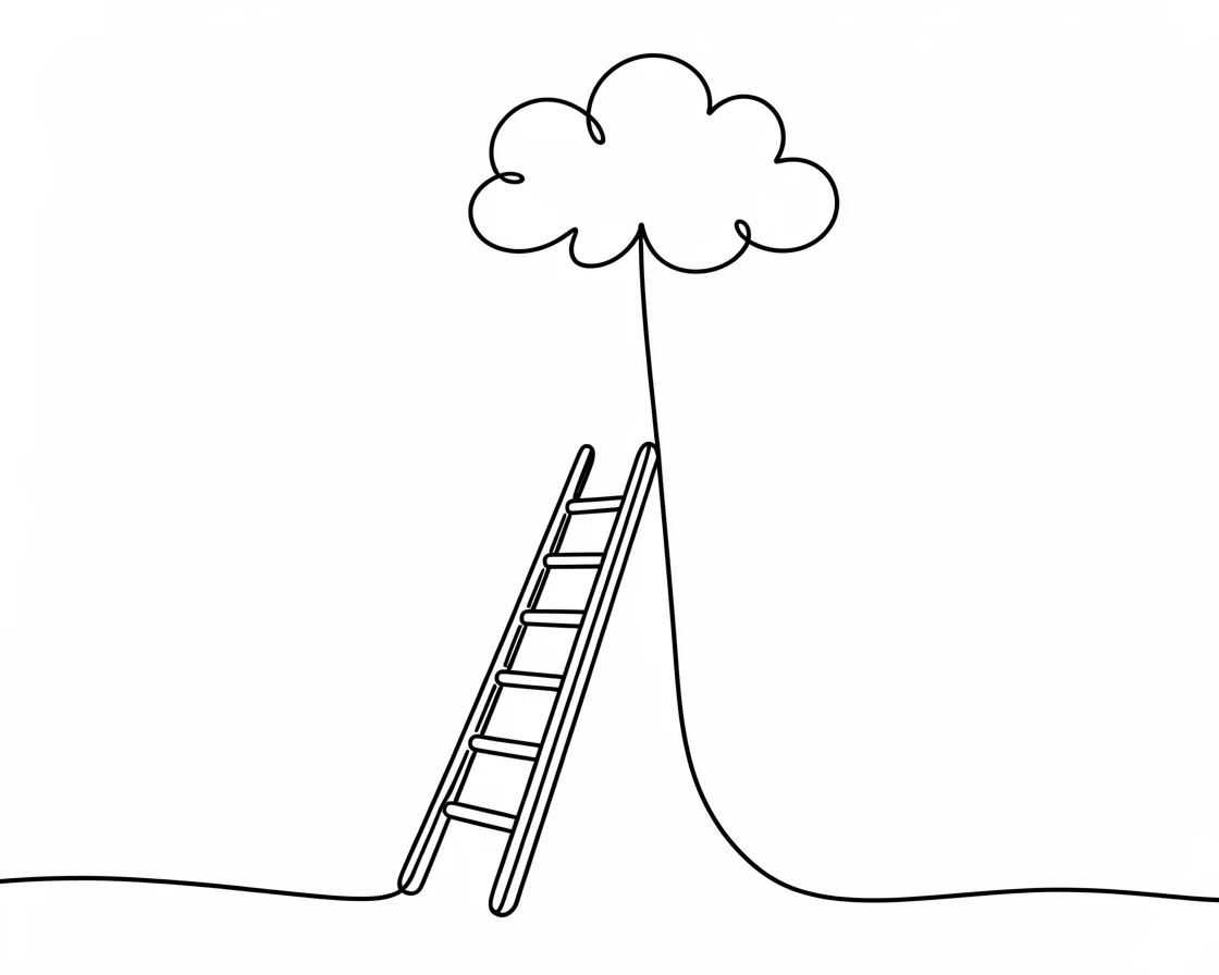 A ladder leaning against a tall wall reaching into the clouds, representing ambition