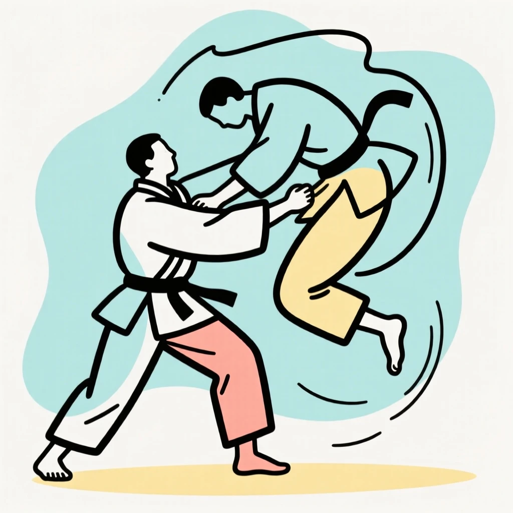 A judo throw mid-motion