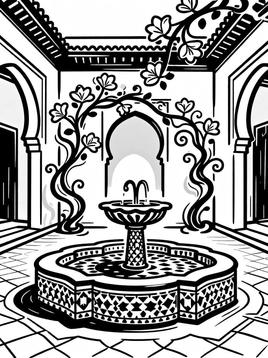 A Moroccan riad courtyard with a tiled fountain and blooming bougainvillea.