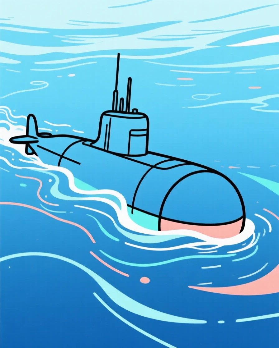 A submarine gliding silently through deep blue ocean water.