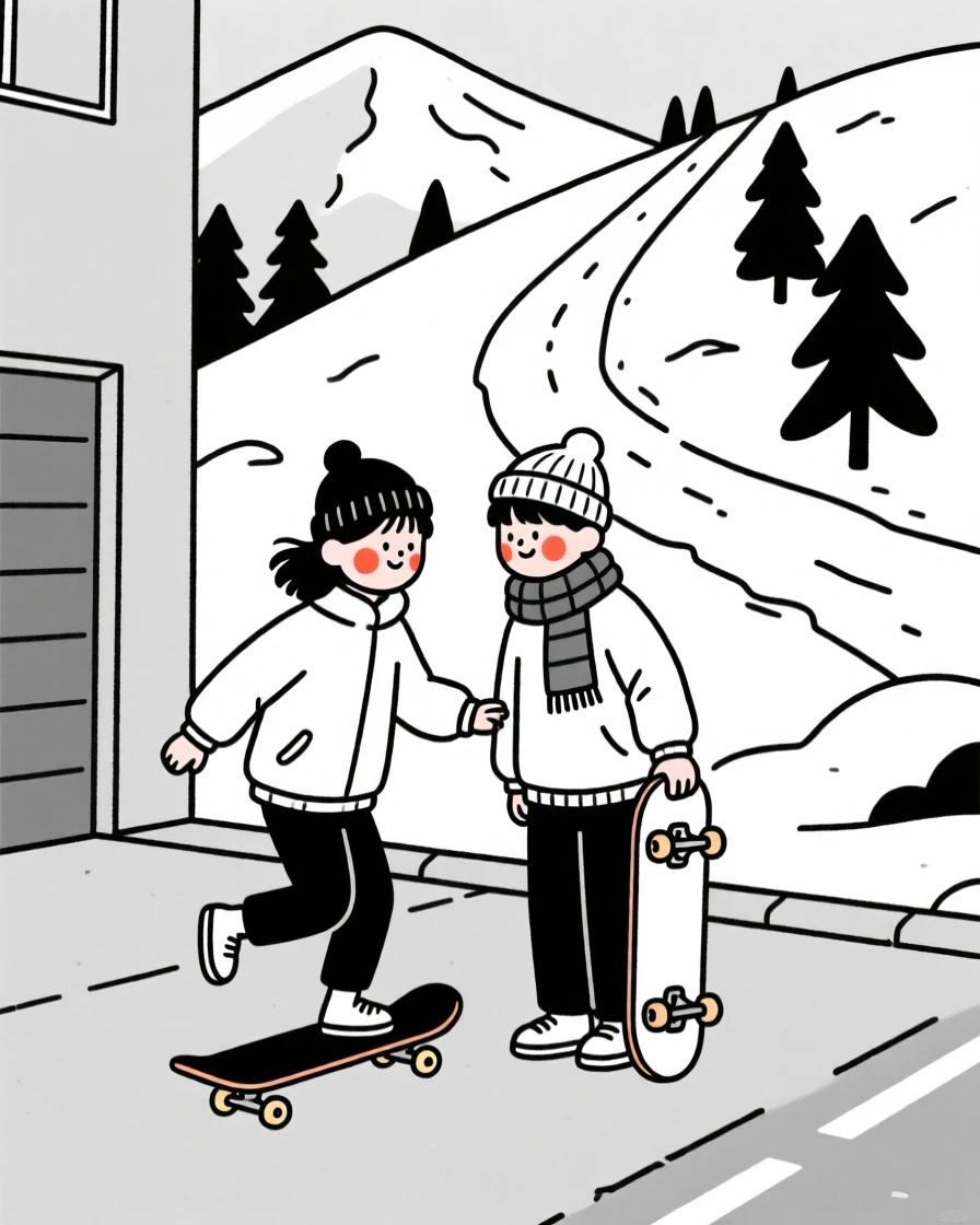 Two best friends learning to skateboard in a driveway, on a snowy mountain trail.