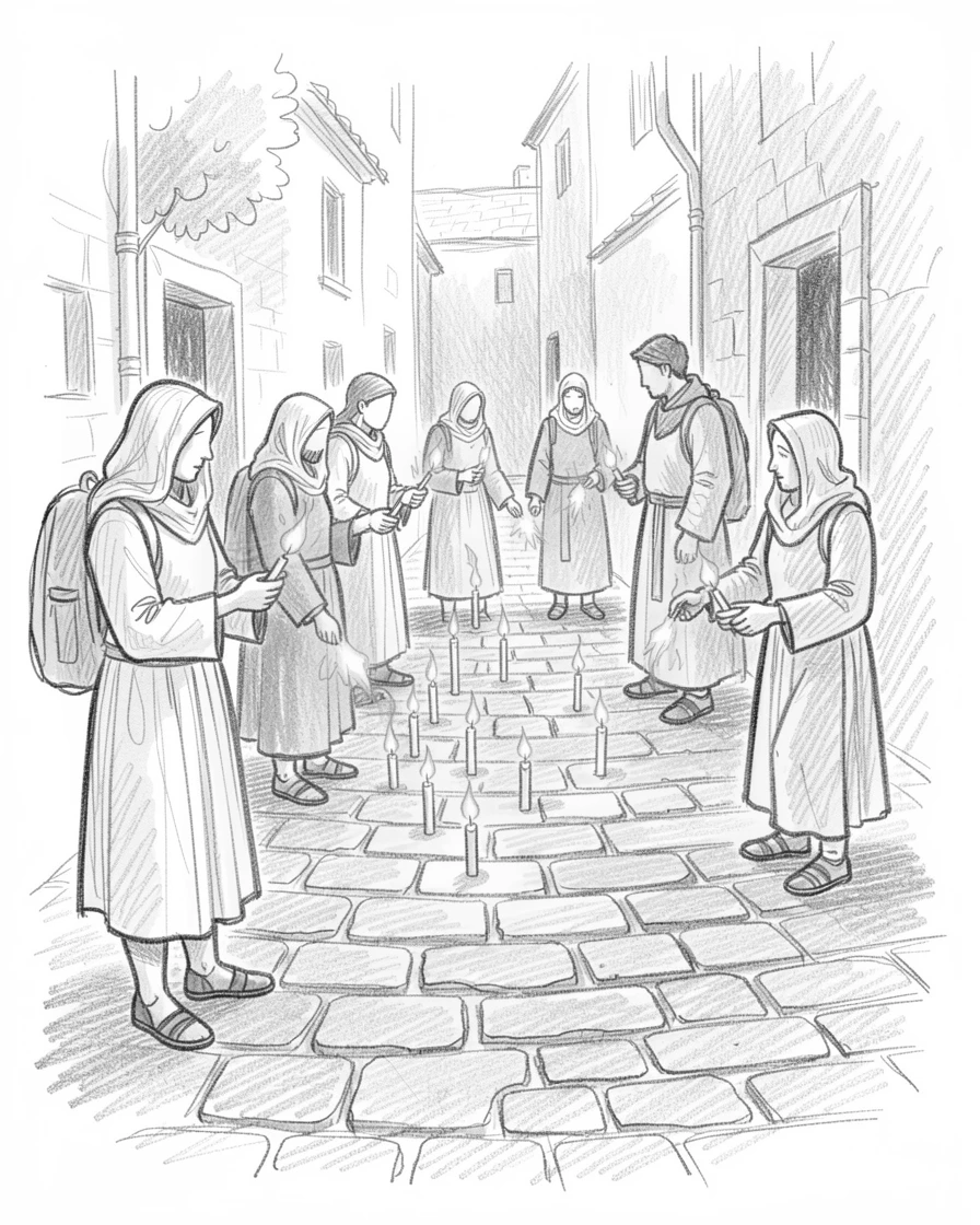 A rich travel moment capturing pilgrims lighting rows of small candles along a winding cobblestone alley, with the warm glow of dusk settling in.