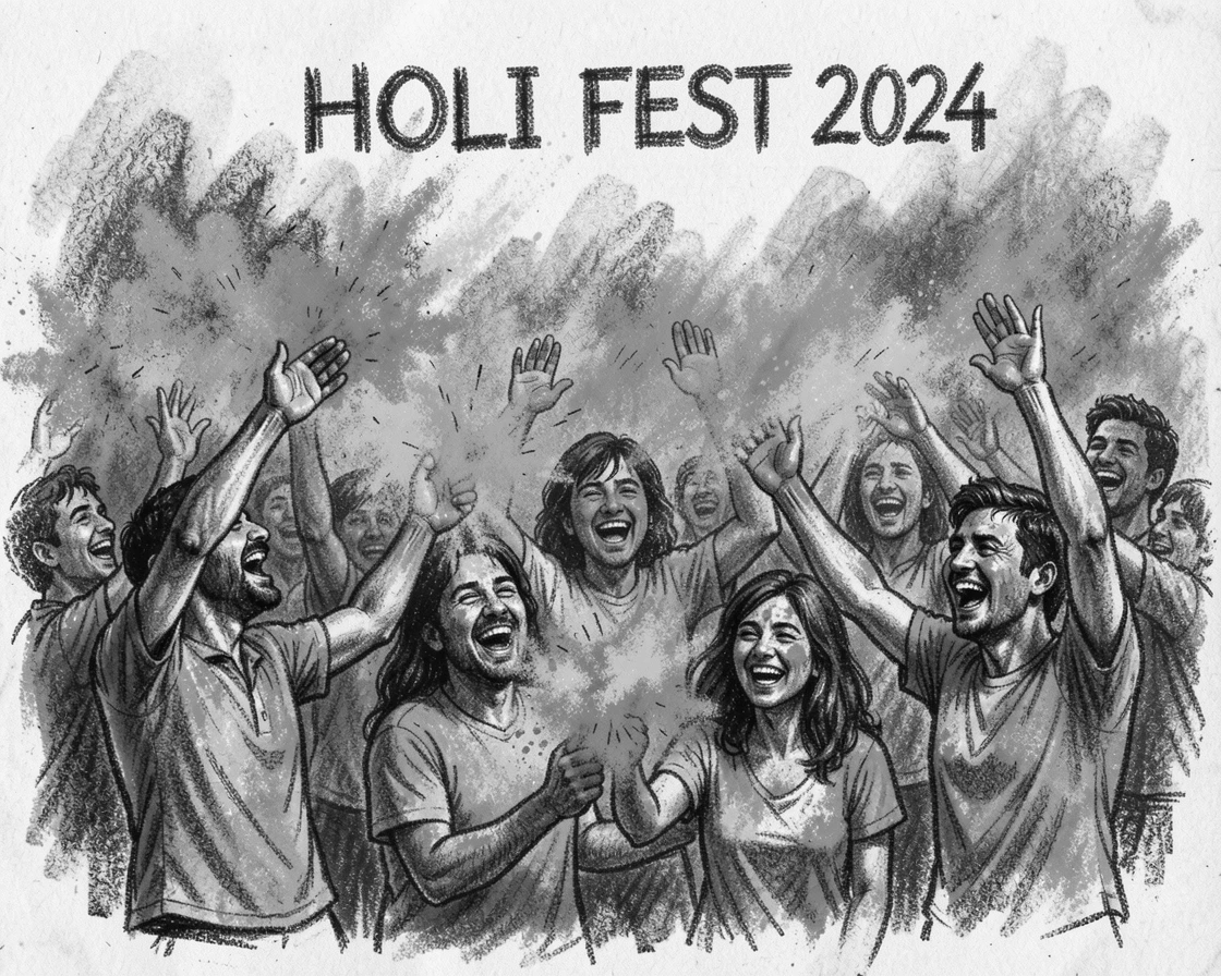 A vibrant Holi festival celebration with clouds of colored powder, with everyone smiling and full of warmth.