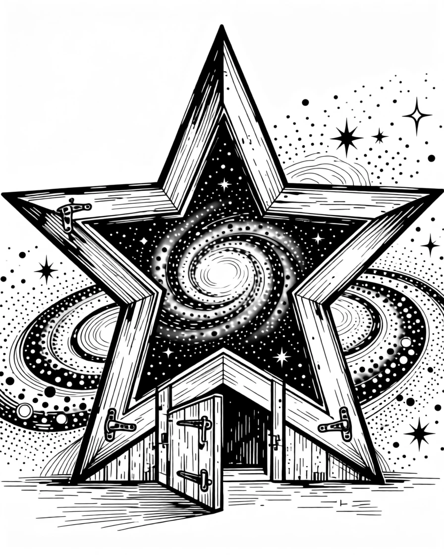 A star-shaped door opening into a swirling galaxy of colors.