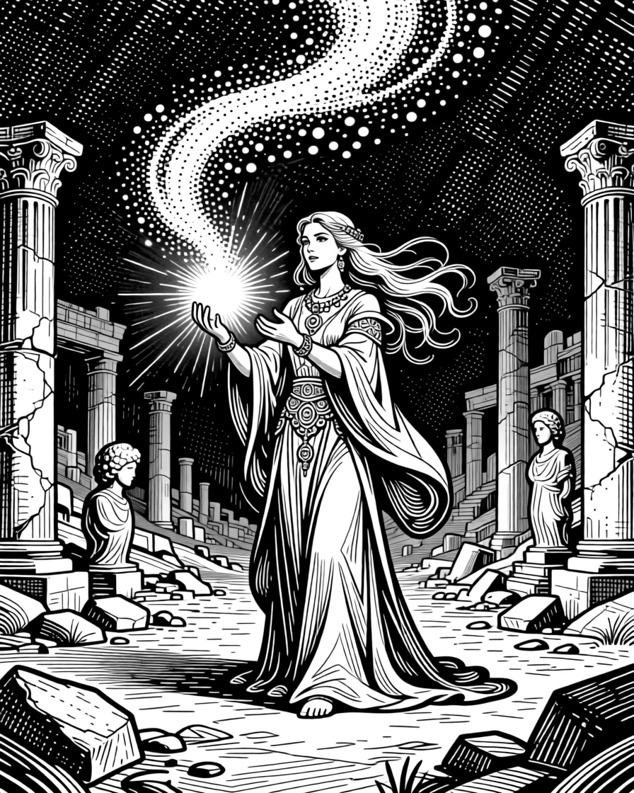 A sorceress conjuring light from her hands in a valley scattered with ancient ruins, with a trail of glimmering dust in the air, forming a serene yet powerful fantasy scene.
