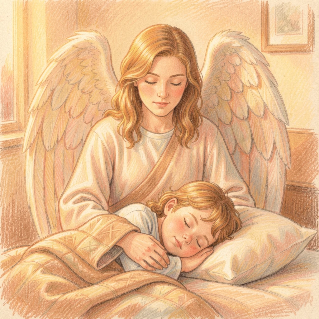 A guardian angel watching over a sleeping child, bathed in the warm glow of golden-hour light, designed to feel inviting, memorable, and shareable.