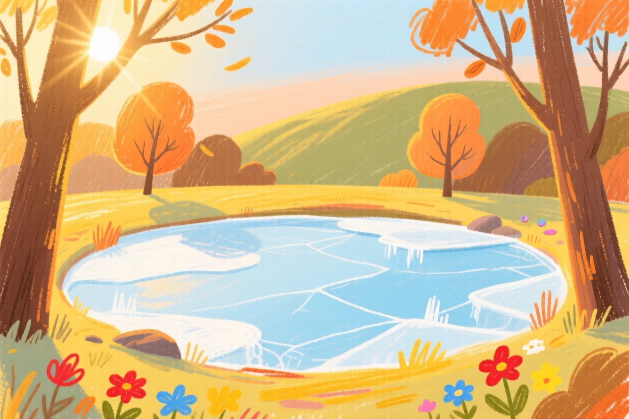 A view of a frozen pond bathed in golden late afternoon sunlight.