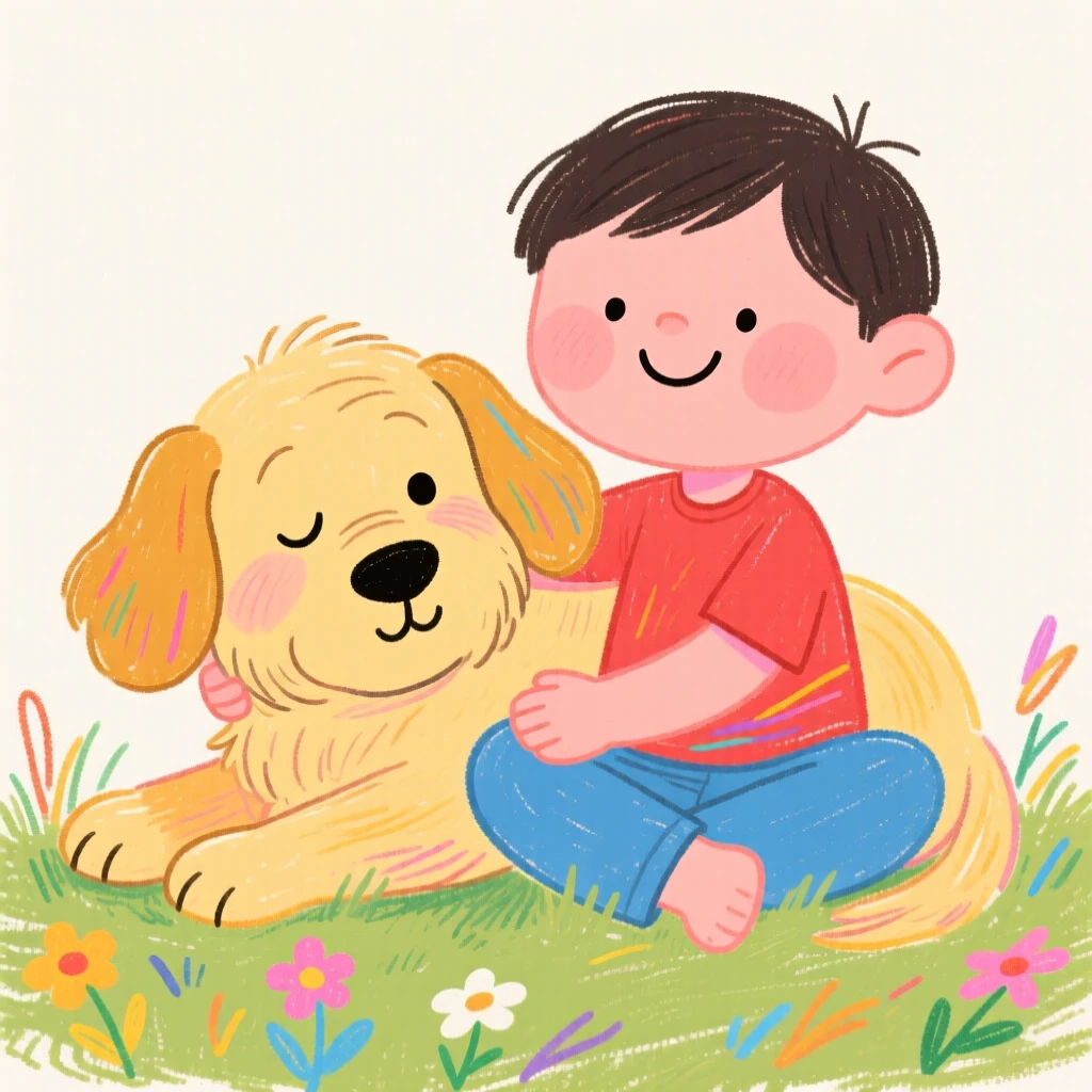 A gentle old dog resting its head on a child's lap.