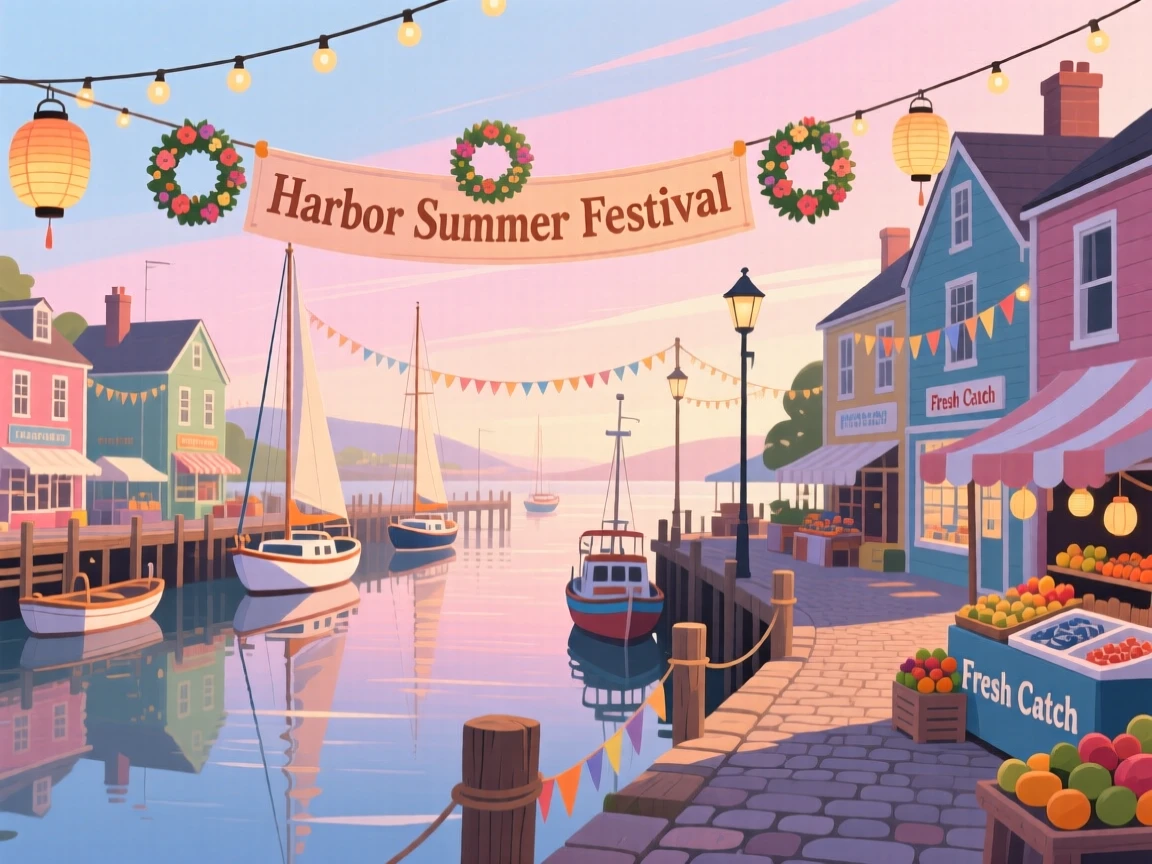 A charming harbor town lit up for a summer festival, with soft morning light illuminating the scene, composed with a dreamy sense of wanderlust and adventure, with a nostalgic, postcard-like charm.