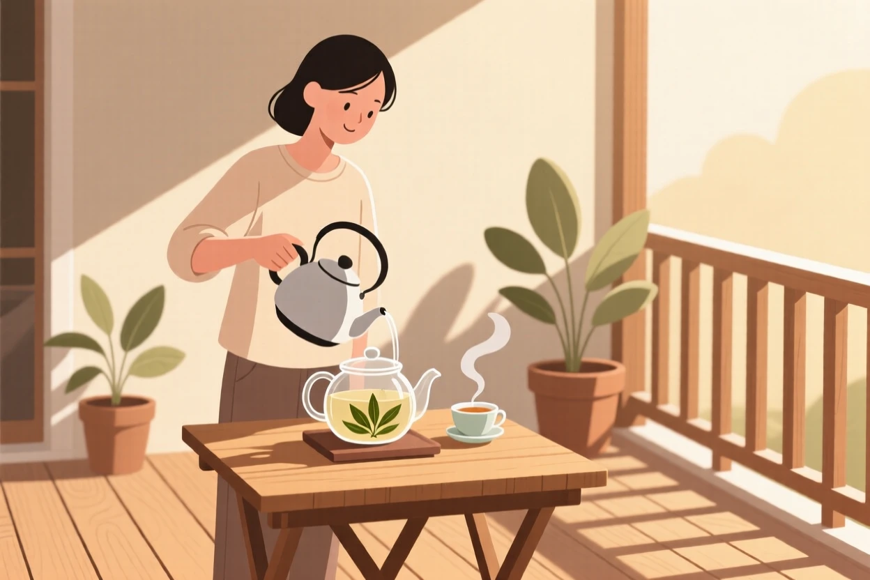 A person brewing a pot of tea in a sunlit porch.