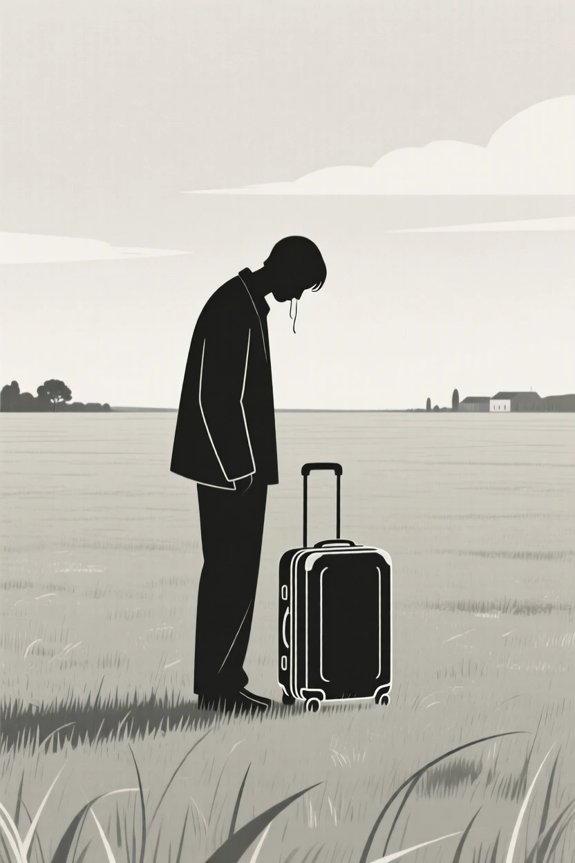 A quiet moment of bittersweet farewell as a tired traveler pauses in a wide open field beside a single suitcase.