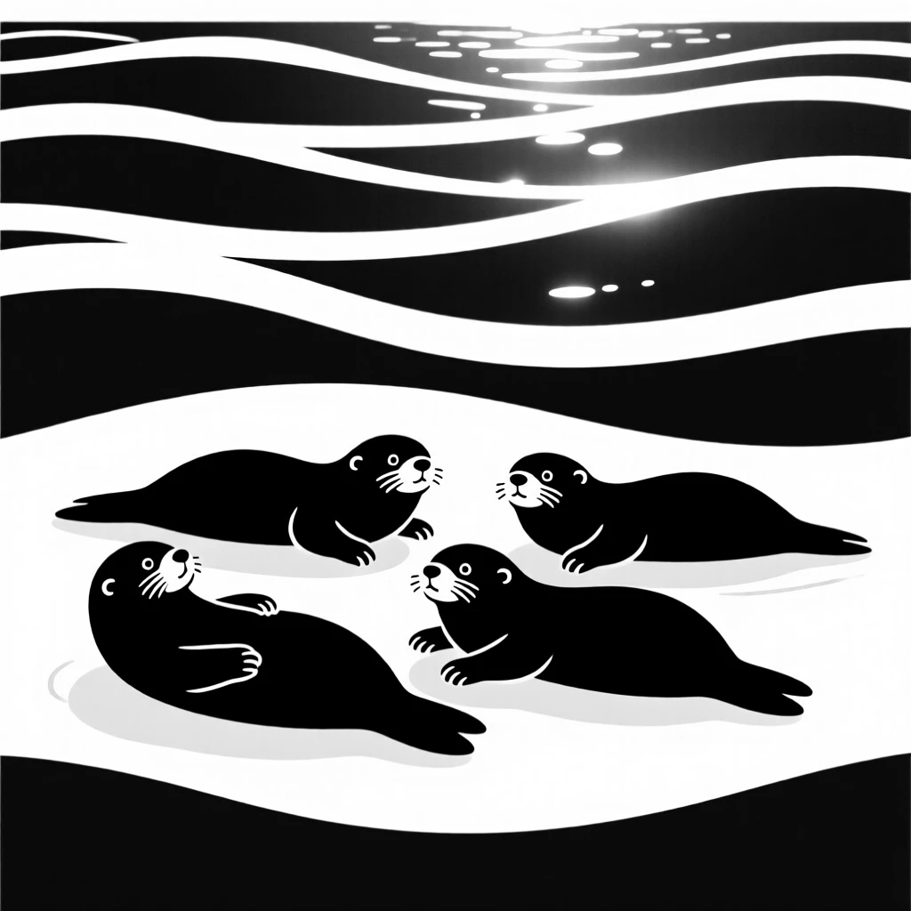A group of sea otters floating together beneath sunlit ocean waves.