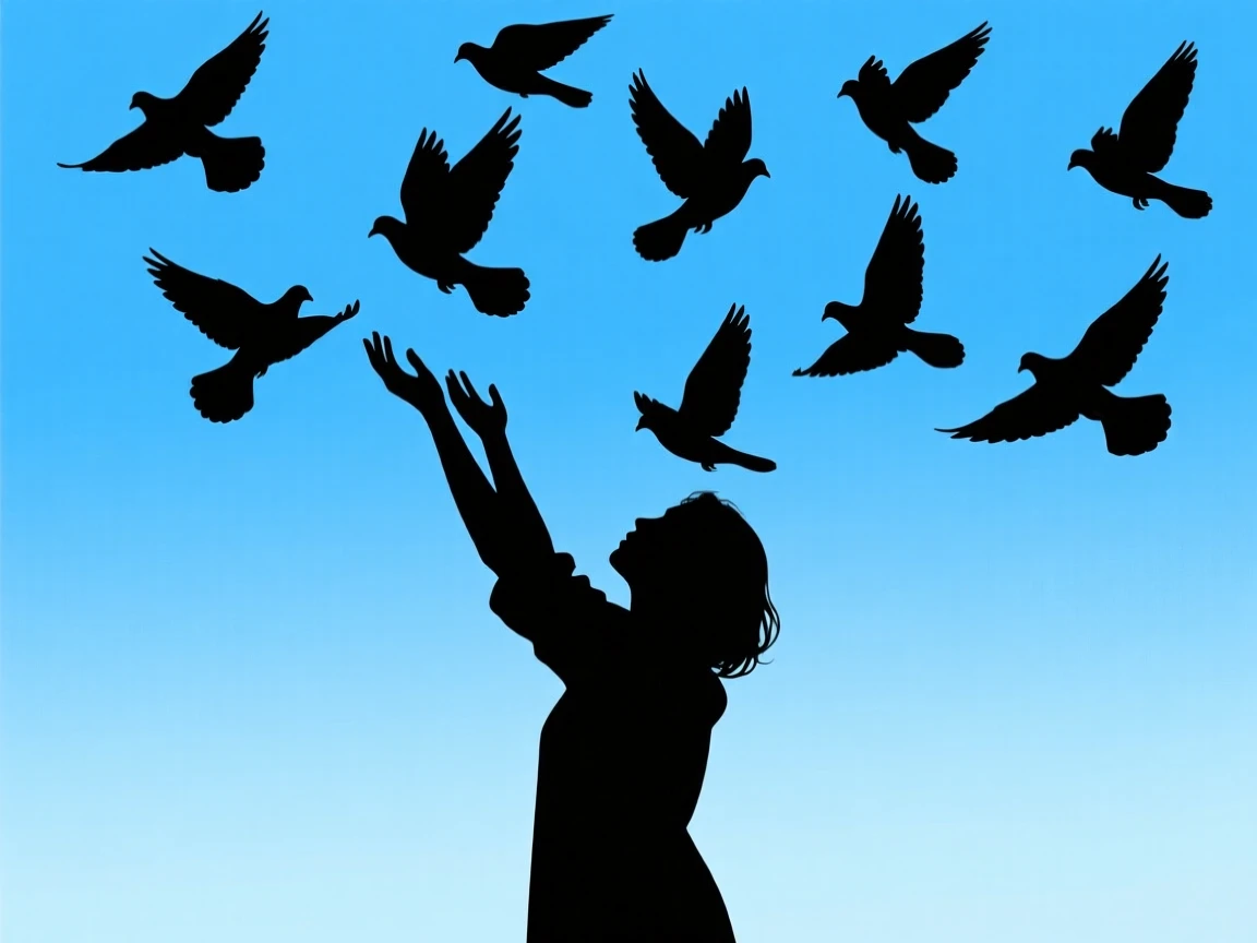 A person releasing a flock of doves into a clear blue sky.