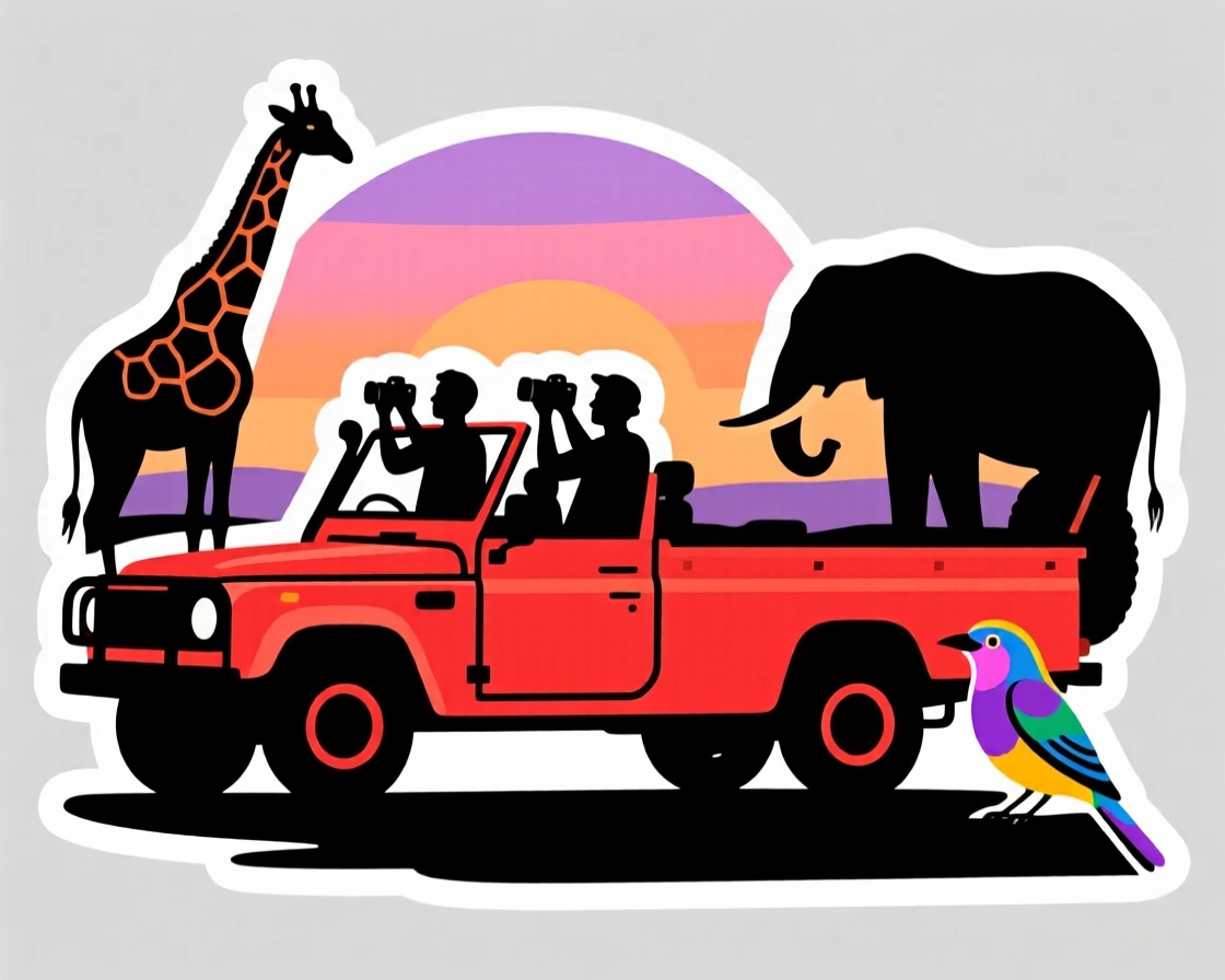 A vibrant and inviting Kenyan safari jeep spotting wildlife at dawn, surrounded by the sounds and colors of the region, as travelers pass by with cameras ready.