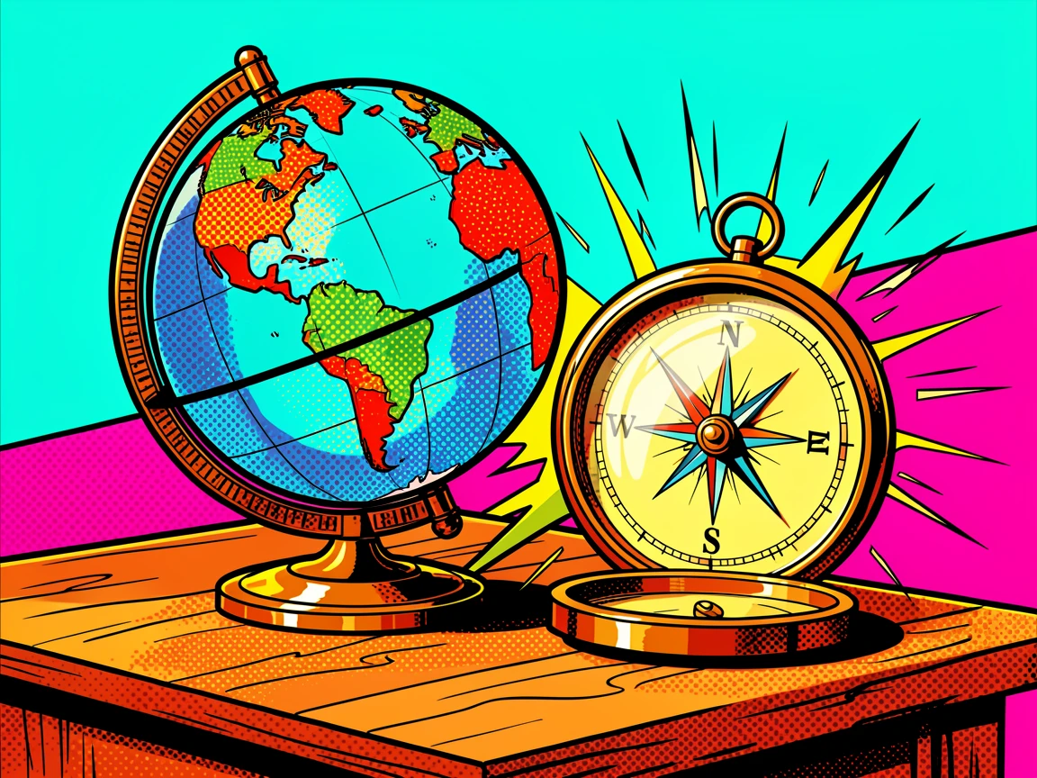 An antique globe beside a brass compass on a desk