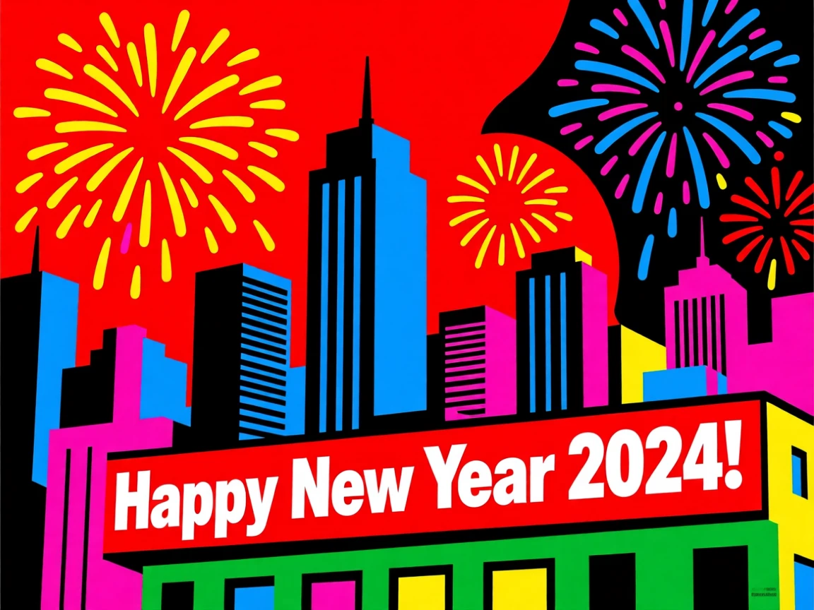 New Year's fireworks over a city skyline