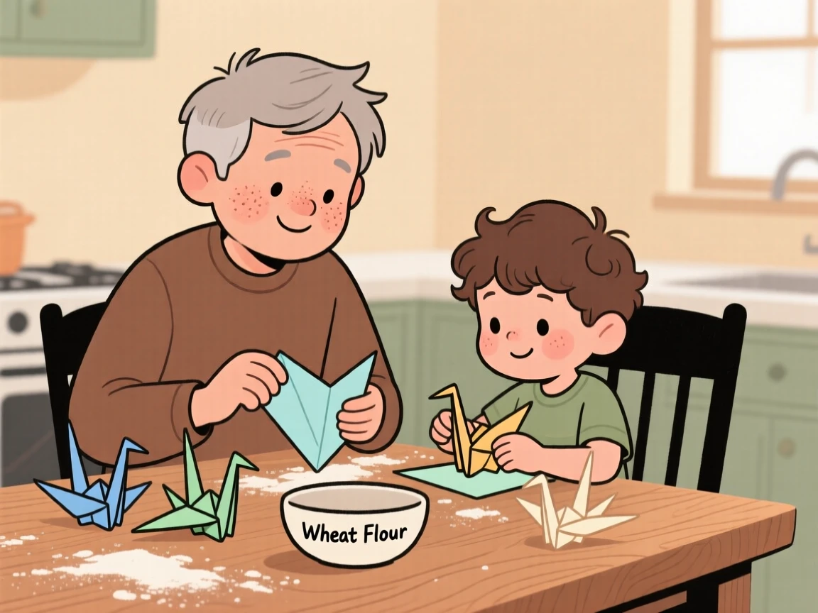 A older brother teaches a small boy how to fold paper cranes at the kitchen table while flour dusts the wooden table, both focused and smiling.