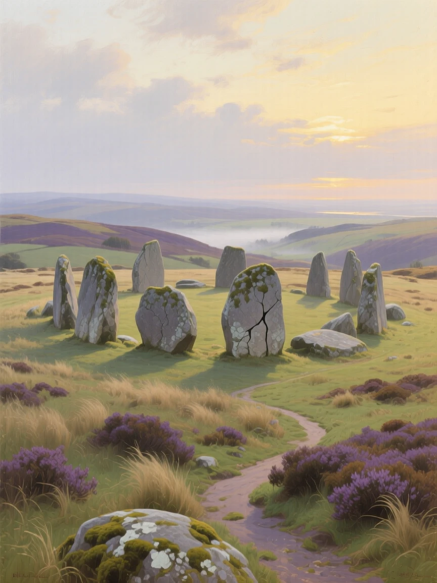 A sweeping wide shot of an ancient stone circle standing silent on a windswept moor, in medieval times, in early morning light.