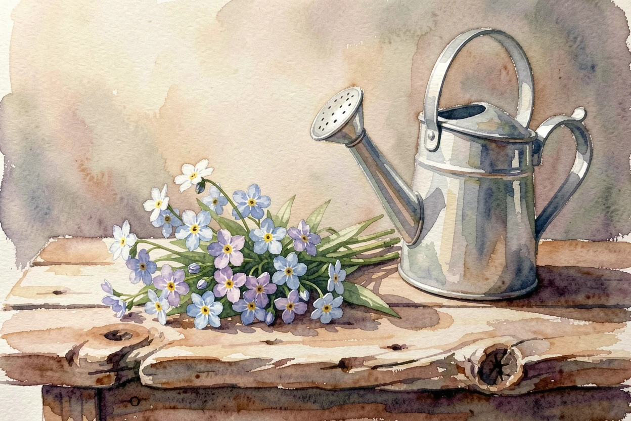 A bunch of forget-me-nots on a rustic wooden table next to an antique watering can.