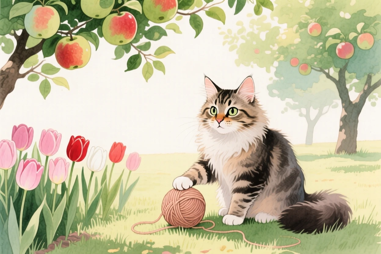 A Maine Coon kitten plays with a ball of yarn in an orchard heavy with fruit, beside a row of blooming tulips