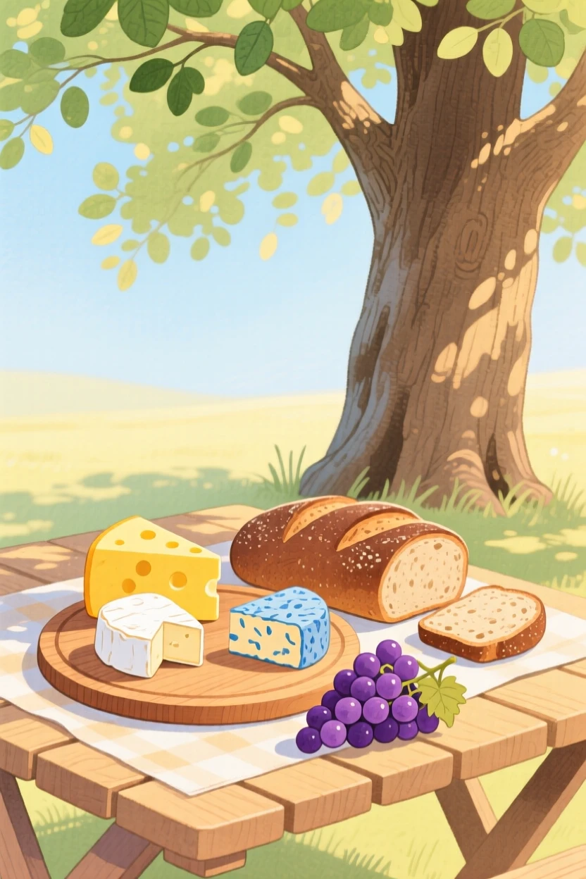 A picnic spread of cheese, bread, and grapes under a tree, arranged invitingly on a sunny table.