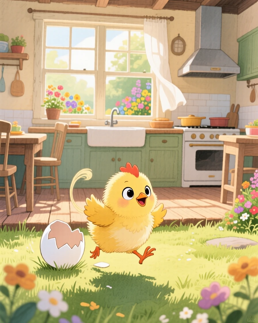 A chick hatching from its egg chasing its own tail in a sunny backyard, set in a cozy farmhouse kitchen with morning light streaming in, showing unconditional love and loyalty.