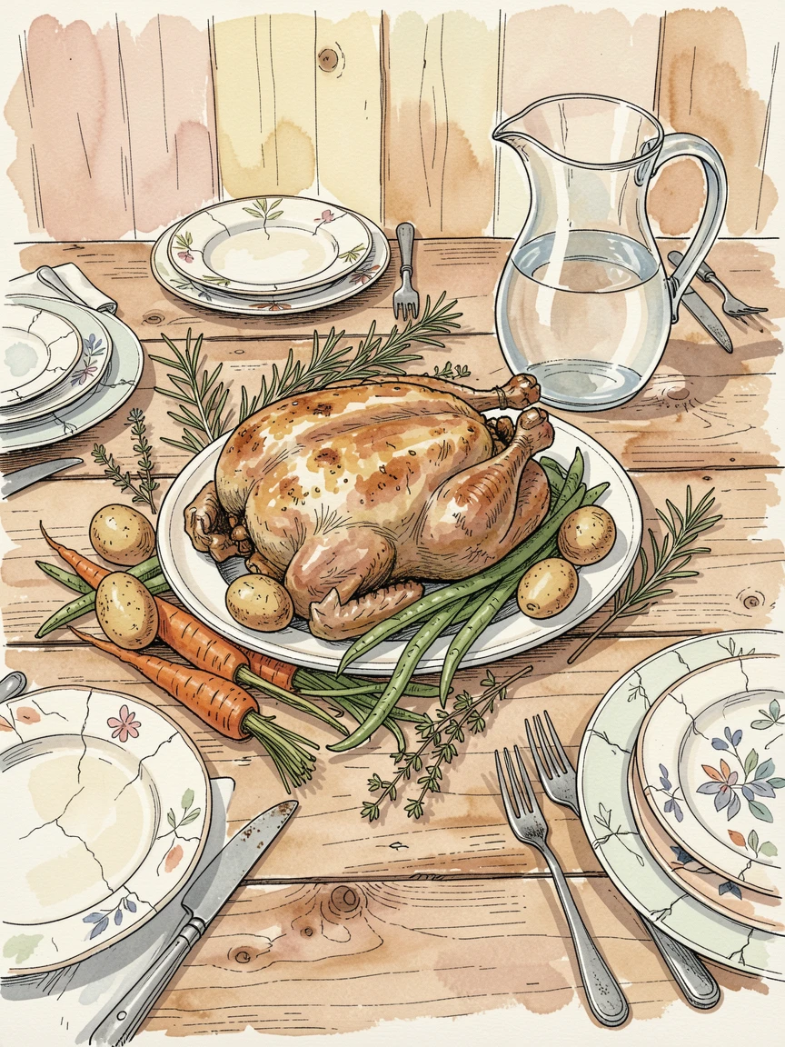 A farmhouse table set with roasted chicken, vegetables, and fresh herbs, rustic tableware adding warmth and character to the setting.