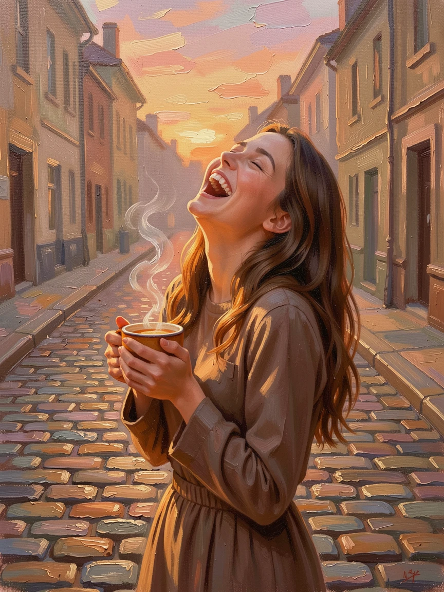 A young woman laughing joyfully with her head tilted back, hands gently cradling a warm cup, on a quiet cobblestone street at dusk, at golden hour, the light warm and glowing.
