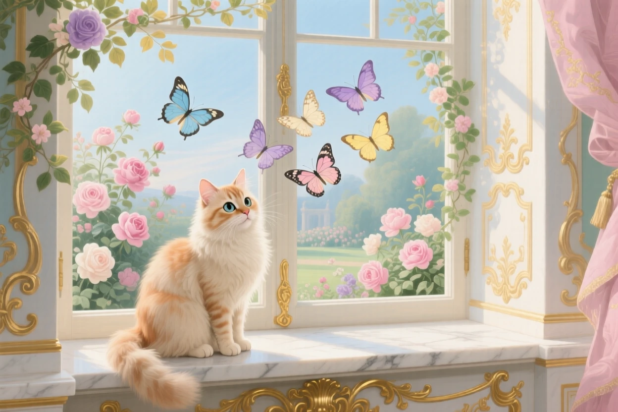 A cat watching butterflies from a sunny palace windowsill  