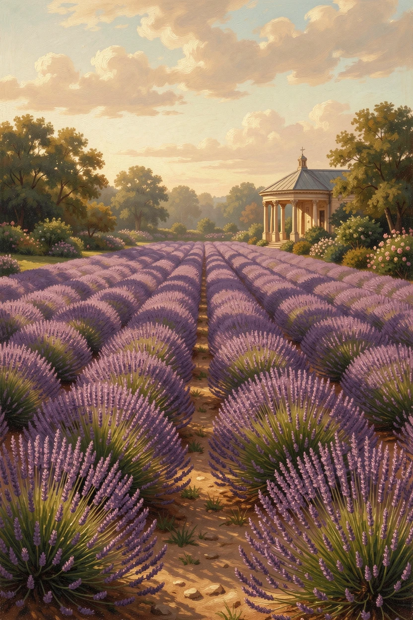 Rows of lavender stretch toward a distant garden pavilion.