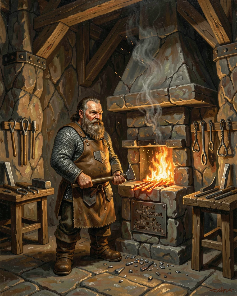 A dwarven forge glowing with molten metal deep within a mountain hall, with weathered, realistic detail grounding the fantastical elements, designed to captivate the imagination while feeling grounded in realism