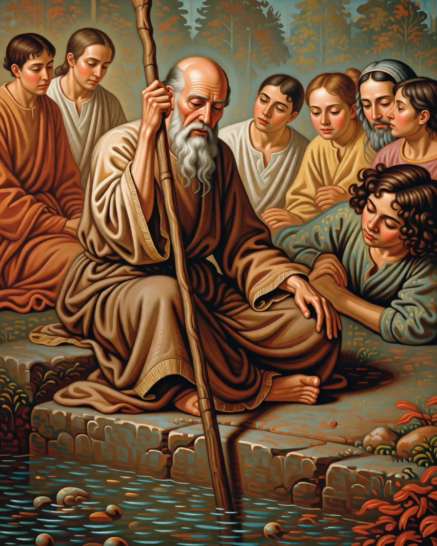 An elderly sage meditating beside a tranquil mountain spring in a moment of profound spiritual clarity, set within a humble village at the edge of a quiet forest, with modest robes, a well-worn staff, and a face lined with quiet devotion; converging figures form a reverent circle around the central moment, suggesting the enduring comfort of belief and community.