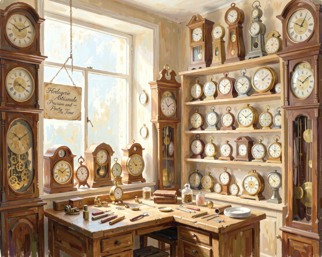 An old-world clockmaker's shop filled with intricate gears and dozens of ticking timepieces, evoking a sense of peace and quiet wonder.