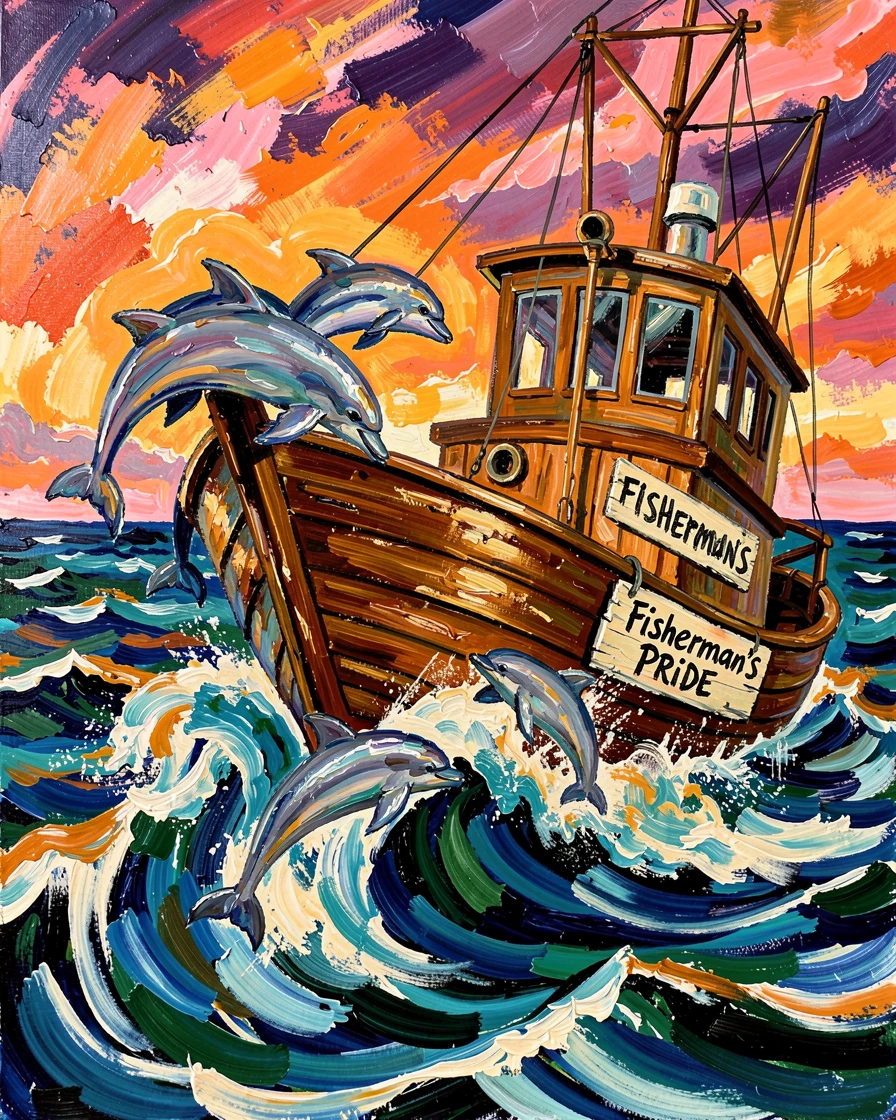 A herd of dolphins riding the bow wave of a wooden fishing boat.