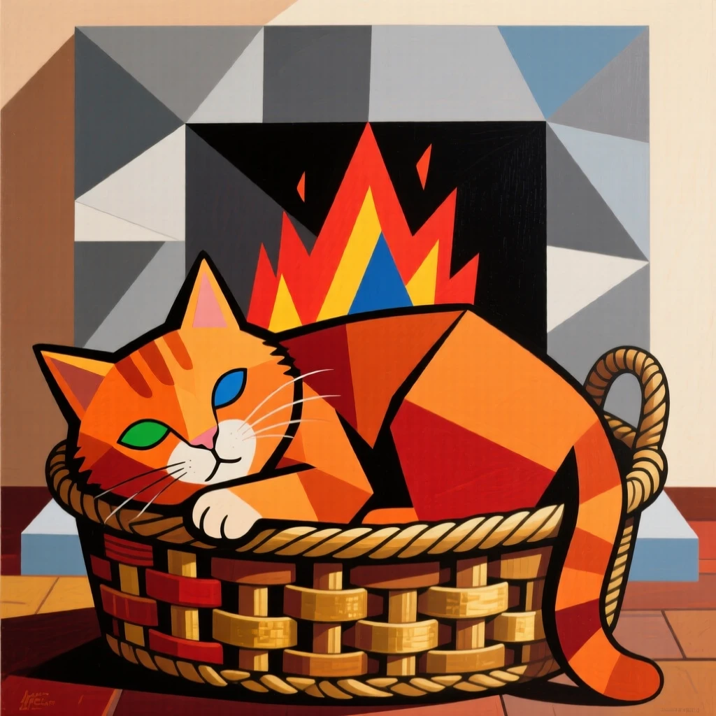 A charming portrait of a fluffy orange kitten napping in a wicker basket by the fireplace, on a lazy afternoon.