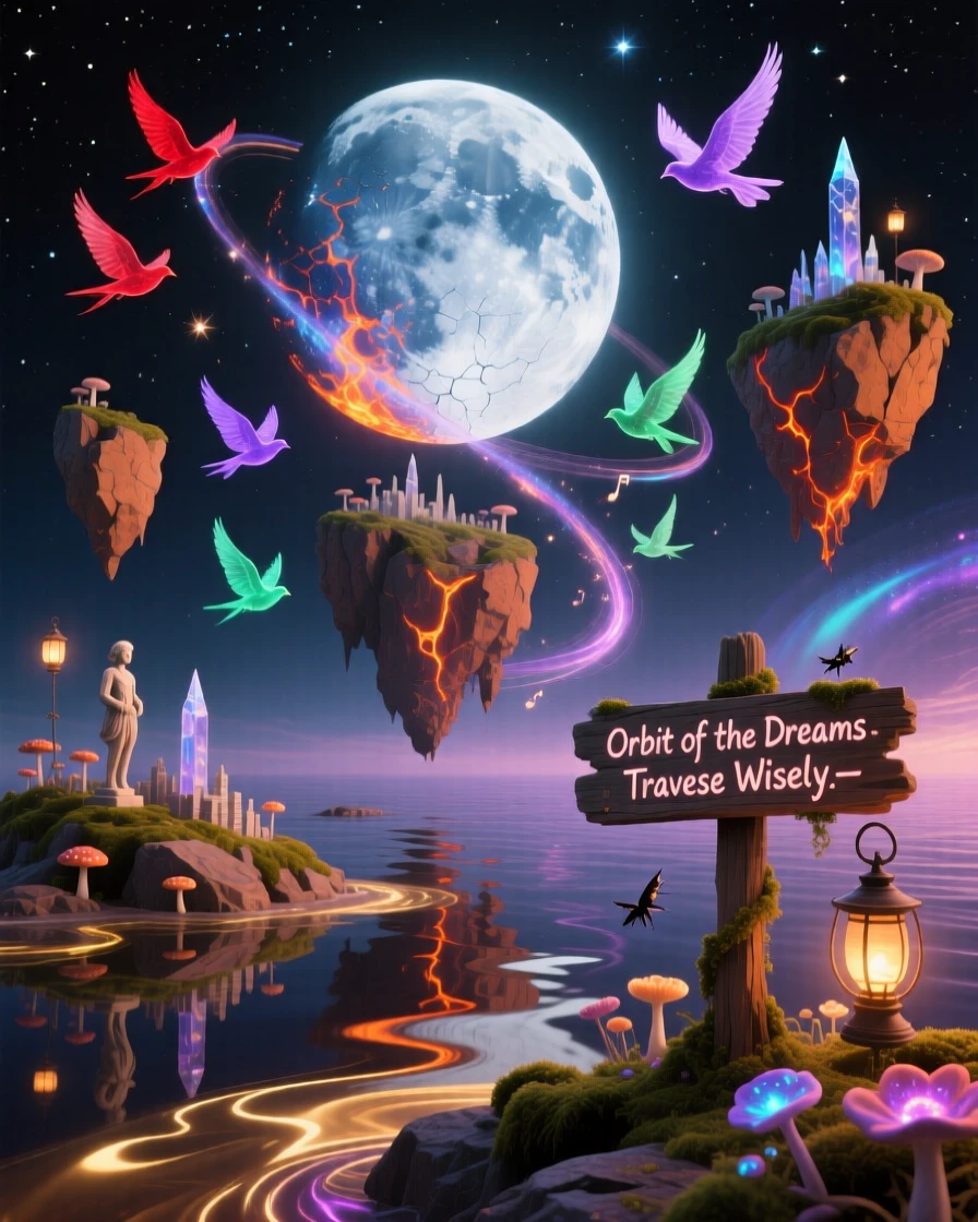 A chain of rocky islets orbiting a slow-spinning moon rotates gently around an invisible axis, while flocks of birds weave between its floating pieces.